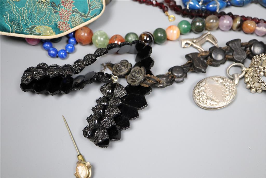 Mixed jewellery including costume, white metal fringe necklace with locket, amethyst bead necklace etc.